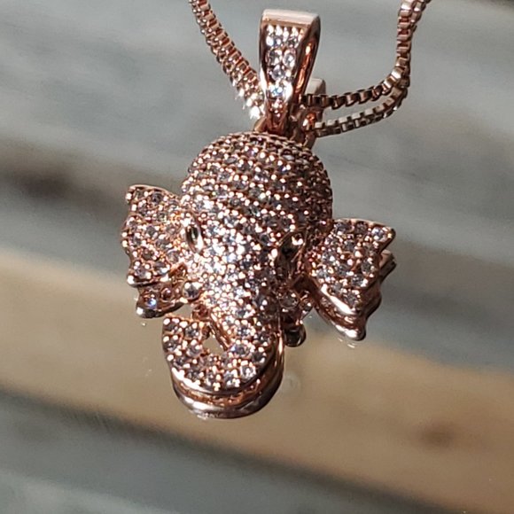 Crystal Elephant Head Necklace - Solid Copper, Rose Gold Plated, AAA CZ. - Picture 8 of 11